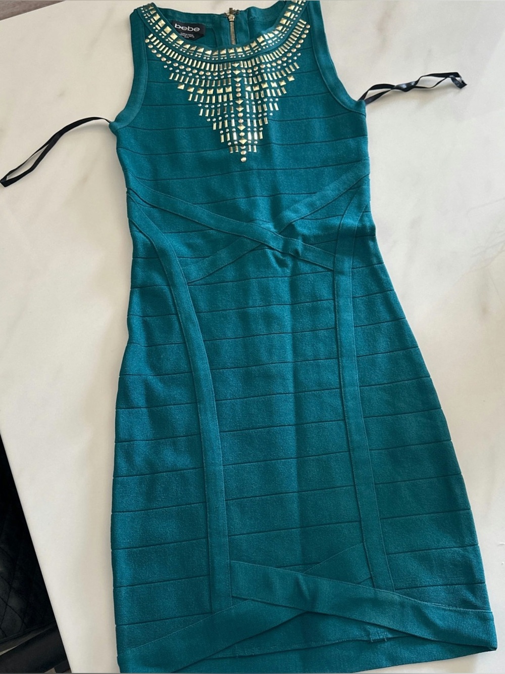 Sleek Vintage Bebe XS Blue Teal Bodycon Dress with Embellished Neckline Bandage